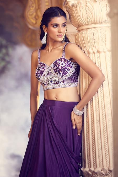 Shop Aariyana Couture Purple Net Tassels, Embroidery Sweetheart Neck Draped Lehenga With Blouse Online at Aza Fashions Shop_Aariyana Couture_Purple Net Tassels, Embroidery Sweetheart Neck Draped Lehenga With Blouse _Online_at_Aza_Fashions