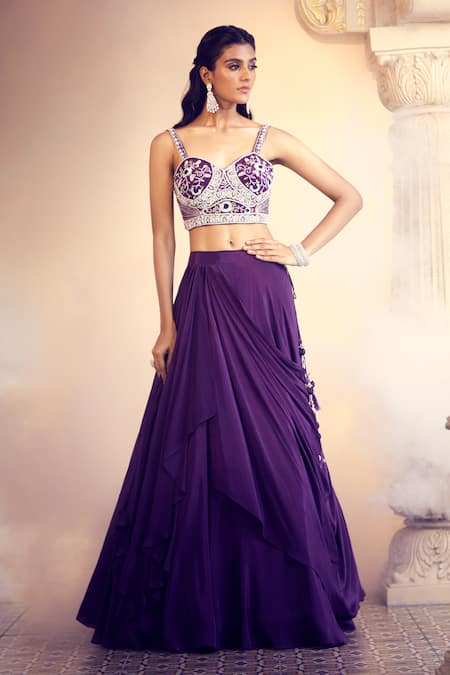Shop Aariyana Couture Purple Net Tassels, Embroidery Sweetheart Neck Draped Lehenga With Blouse Shop_Aariyana Couture_Purple Net Tassels, Embroidery Sweetheart Neck Draped Lehenga With Blouse