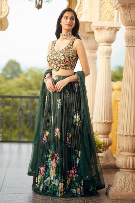 Aariyana Couture Green Silk, Net, Muslin Embroidery, Tassels Pleated Floral Print Lehenga Set Online at Aza Fashions Aariyana Couture_Green Silk, Net, Muslin Embroidery, Tassels Pleated Floral Print Lehenga Set _Online_at_Aza_Fashions