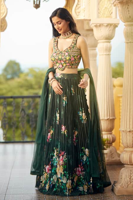 Buy Aariyana Couture Green Silk, Net, Muslin Embroidery, Tassels Pleated Floral Print Lehenga Set Online at Aza Fashions Buy_Aariyana Couture_Green Silk, Net, Muslin Embroidery, Tassels Pleated Floral Print Lehenga Set _Online_at_Aza_Fashions