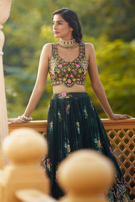 Shop Aariyana Couture Green Silk, Net, Muslin Embroidery, Tassels Pleated Floral Print Lehenga Set Online at Aza Fashions Shop_Aariyana Couture_Green Silk, Net, Muslin Embroidery, Tassels Pleated Floral Print Lehenga Set _Online_at_Aza_Fashions