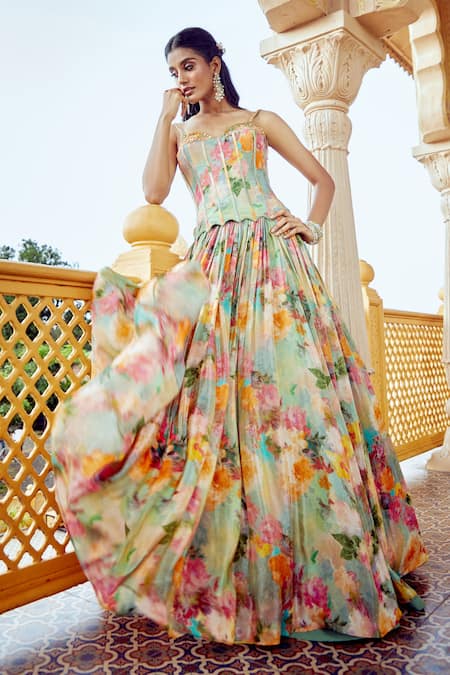 Alaya Advani Multi Color Corset And Lehenga Tissue Printed Floral Sweetheart Pleated Set 