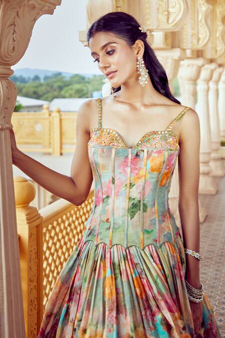 Aariyana Couture Multi Color Tissue, Net Mirrors, Floral Print Pleated Lehenga Corset Set Online at Aza Fashions Aariyana Couture_Multi Color Tissue, Net Mirrors, Floral Print Pleated Lehenga Corset Set_Online_at_Aza_Fashions