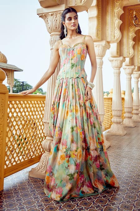 Buy Aariyana Couture Multi Color Tissue, Net Mirrors, Floral Print Pleated Lehenga Corset Set Online at Aza Fashions Buy_Aariyana Couture_Multi Color Tissue, Net Mirrors, Floral Print Pleated Lehenga Corset Set_Online_at_Aza_Fashions