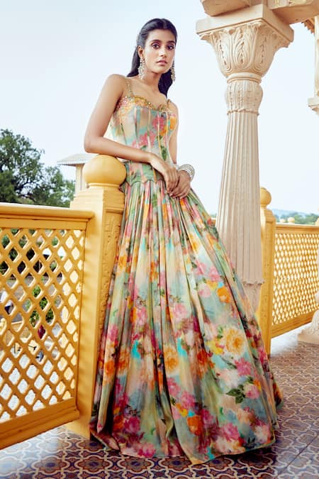 Shop Aariyana Couture Multi Color Tissue, Net Mirrors, Floral Print Pleated Lehenga Corset Set Online at Aza Fashions Shop_Aariyana Couture_Multi Color Tissue, Net Mirrors, Floral Print Pleated Lehenga Corset Set_Online_at_Aza_Fashions