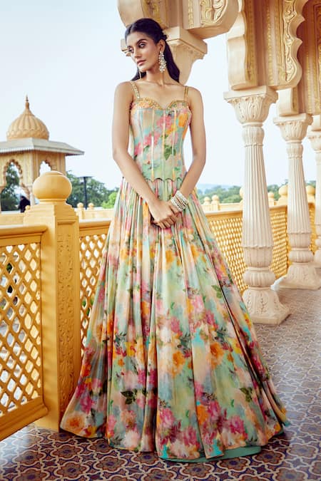 Buy Aariyana Couture Multi Color Tissue, Net Mirrors, Floral Print Pleated Lehenga Corset Set Buy_Aariyana Couture_Multi Color Tissue, Net Mirrors, Floral Print Pleated Lehenga Corset Set