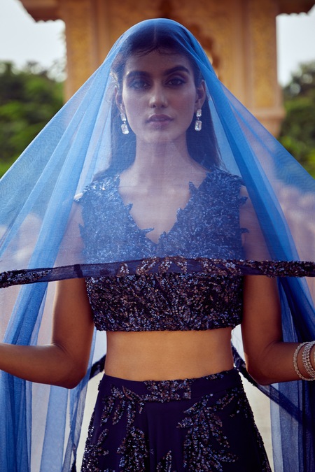 Buy Ariyana By Aza Blue Net Sequins V-neck Embroidered Lehenga Set Online at Aza Fashions Buy_Ariyana By Aza_Blue Net Sequins V-neck Embroidered Lehenga Set _Online_at_Aza_Fashions