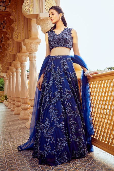 Ariyana By Aza Blue Net Sequins V-neck Embroidered Lehenga Set at Aza Fashions Ariyana By Aza_Blue Net Sequins V-neck Embroidered Lehenga Set _at_Aza_Fashions