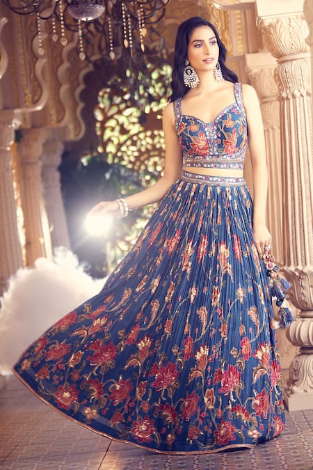 Buy Aariyana Couture Blue Silk Embroidery, Tassels Sweetheart Neck Floral Print Pleated Lehenga Set Online at Aza Fashions Buy_Aariyana Couture_Blue Silk Embroidery, Tassels Sweetheart Neck Floral Print Pleated Lehenga Set _Online_at_Aza_Fashions