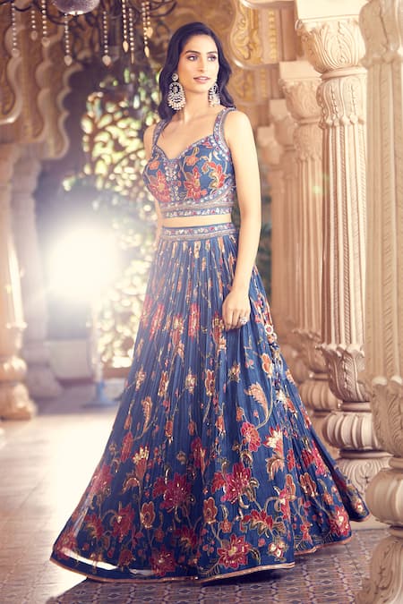Shop Aariyana Couture Blue Silk Embroidery, Tassels Sweetheart Neck Floral Print Pleated Lehenga Set Online at Aza Fashions Shop_Aariyana Couture_Blue Silk Embroidery, Tassels Sweetheart Neck Floral Print Pleated Lehenga Set _Online_at_Aza_Fashions