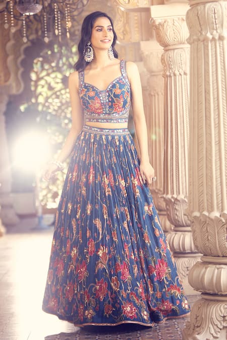 Aariyana Couture Blue Silk Embroidery, Tassels Sweetheart Neck Floral Print Pleated Lehenga Set at Aza Fashions Aariyana Couture_Blue Silk Embroidery, Tassels Sweetheart Neck Floral Print Pleated Lehenga Set _at_Aza_Fashions