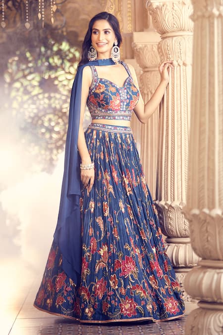 Buy Aariyana Couture Blue Silk Embroidery, Tassels Sweetheart Neck Floral Print Pleated Lehenga Set Buy_Aariyana Couture_Blue Silk Embroidery, Tassels Sweetheart Neck Floral Print Pleated Lehenga Set