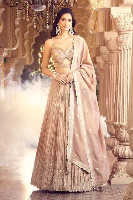 Alaya Advani Beige Blouse And Lehenga Silk Hand Work Sequins Sweetheart Embroidered Set 