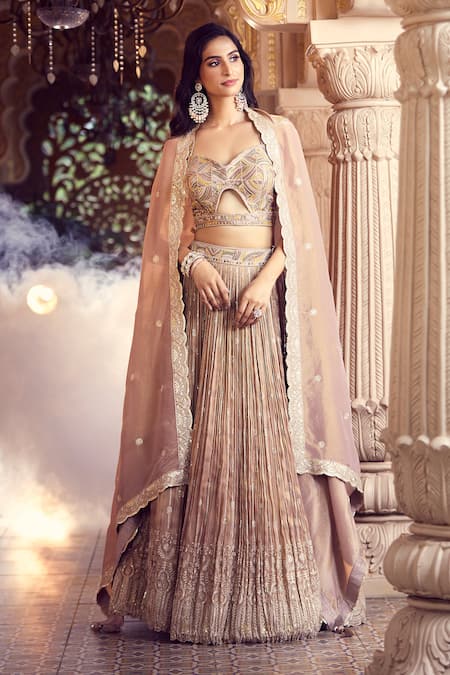 Shop_Aariyana Couture_Beige Silk, Crepe Sequins, Zari Sweetheart Hand Work Embroidered Lehenga Set _at_Aza_Fashions