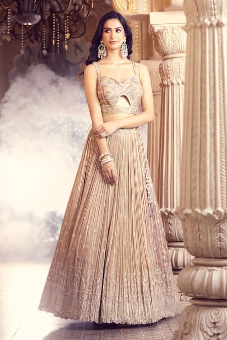 Aariyana Couture_Beige Silk, Crepe Sequins, Zari Sweetheart Hand Work Embroidered Lehenga Set _Online_at_Aza_Fashions