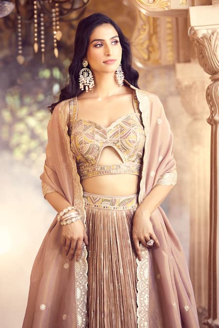 Aariyana Couture_Beige Silk, Crepe Sequins, Zari Sweetheart Hand Work Embroidered Lehenga Set _at_Aza_Fashions