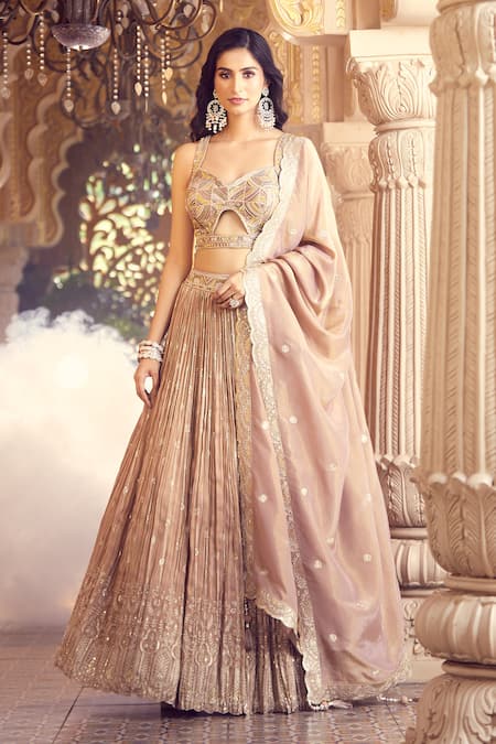 Buy_Aariyana Couture_Beige Silk, Crepe Sequins, Zari Sweetheart Hand Work Embroidered Lehenga Set 