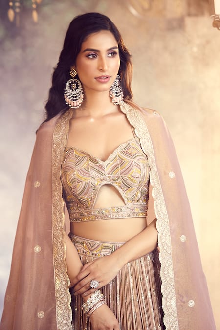 Shop_Aariyana Couture_Beige Silk, Crepe Sequins, Zari Sweetheart Hand Work Embroidered Lehenga Set 