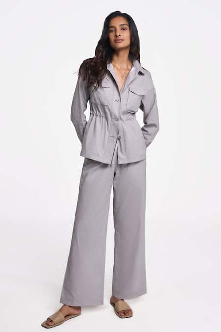 Shop Terra Luna Silver Cotton Collared Alya Solid Side Ruched Shirt at Aza Fashions Shop_Terra Luna_Silver Cotton Collared Alya Solid Side Ruched Shirt _at_Aza_Fashions