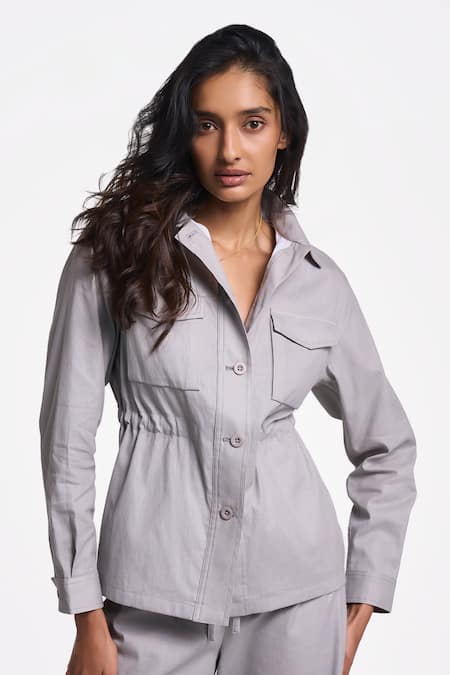 Terra Luna Silver Cotton Collared Alya Solid Side Ruched Shirt Online at Aza Fashions Terra Luna_Silver Cotton Collared Alya Solid Side Ruched Shirt _Online_at_Aza_Fashions