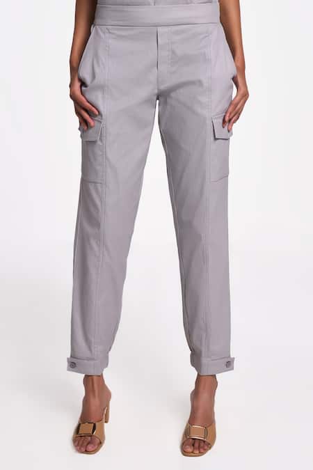 Shop_Terra Luna_Silver 100% Organic Handloom Cotton Solid Astrid Straight Pant _at_Aza_Fashions