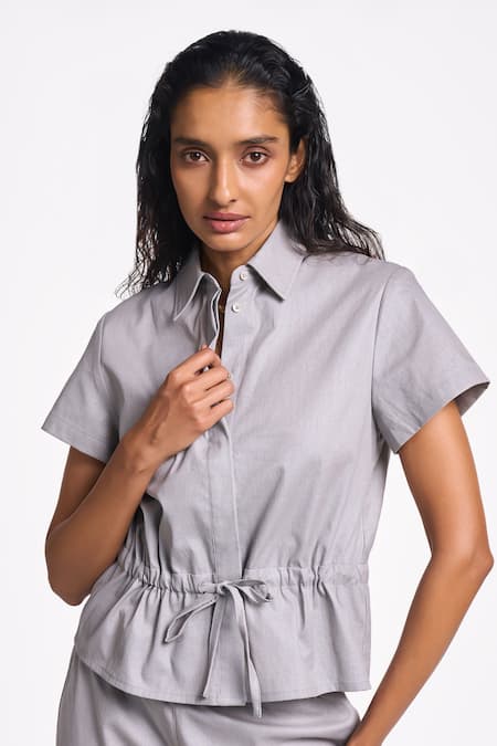 Buy Terra Luna Silver 100% Organic Handloom Cotton Solid Shirt Collar Danica Online at Aza Fashions Buy_Terra Luna_Silver 100% Organic Handloom Cotton Solid Shirt Collar Danica _Online_at_Aza_Fashions