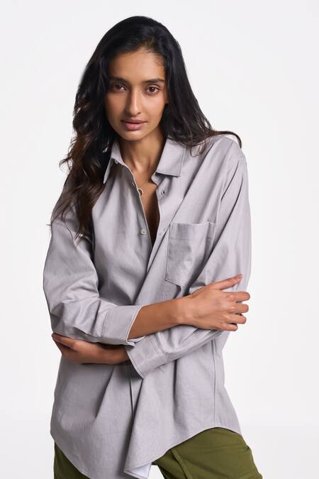 Terra Luna Silver 100% Organic Handloom Cotton Solid Shirt Collar Leda Straight Online at Aza Fashions Terra Luna_Silver 100% Organic Handloom Cotton Solid Shirt Collar Leda Straight _Online_at_Aza_Fashions