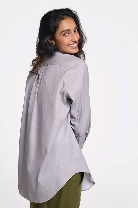 Buy Terra Luna Silver 100% Organic Handloom Cotton Solid Shirt Collar Leda Straight Online at Aza Fashions Buy_Terra Luna_Silver 100% Organic Handloom Cotton Solid Shirt Collar Leda Straight _Online_at_Aza_Fashions