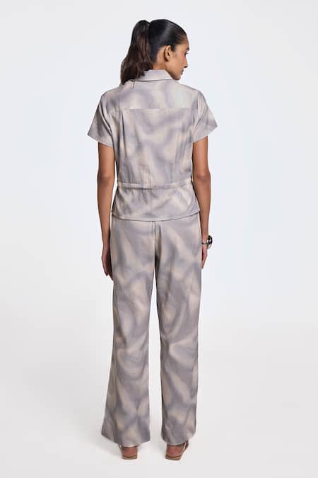 Shop Terra Luna Grey 100% Organic Handloom Cotton Abstract Shirt Collar Danica Tie-up at Aza Fashions Shop_Terra Luna_Grey 100% Organic Handloom Cotton Abstract Shirt Collar Danica Tie-up _at_Aza_Fashions