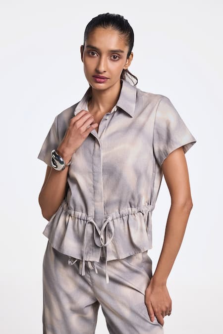 Terra Luna Grey 100% Organic Handloom Cotton Abstract Shirt Collar Danica Tie-up Online at Aza Fashions Terra Luna_Grey 100% Organic Handloom Cotton Abstract Shirt Collar Danica Tie-up _Online_at_Aza_Fashions