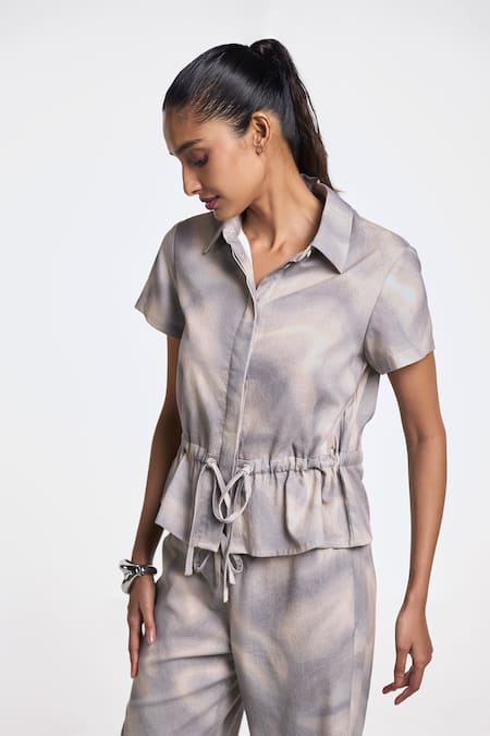 Buy Terra Luna Grey 100% Organic Handloom Cotton Abstract Shirt Collar Danica Tie-up Online at Aza Fashions Buy_Terra Luna_Grey 100% Organic Handloom Cotton Abstract Shirt Collar Danica Tie-up _Online_at_Aza_Fashions