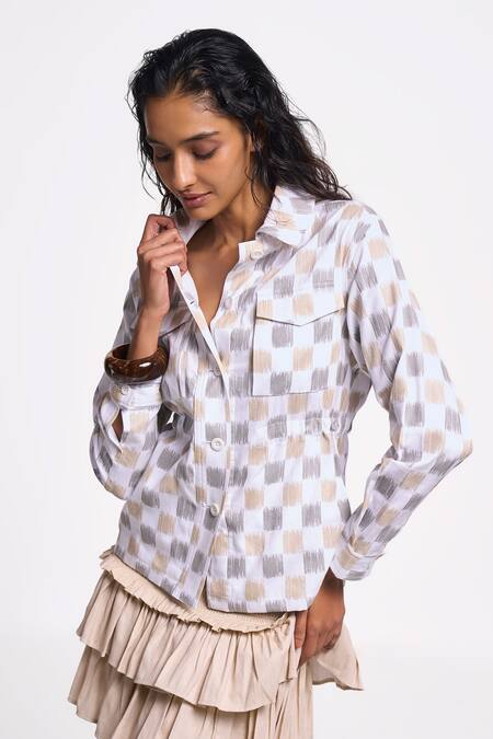 Terra Luna Gold 100% Organic Handloom Cotton Ikat Shirt Collar Alya Check Patterned Online at Aza Fashions Terra Luna_Gold 100% Organic Handloom Cotton Ikat Shirt Collar Alya Check Patterned _Online_at_Aza_Fashions