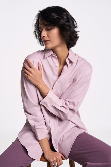 Buy_Terra Luna_Pink 100% Organic Handloom Cotton Solid Shirt Collar Leda Straight _Online_at_Aza_Fashions