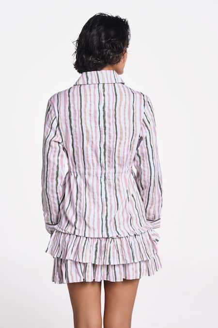 Shop Terra Luna Multi Color 100% Organic Handloom Cotton Stripe Shirt Collar Alya Patterned at Aza Fashions Shop_Terra Luna_Multi Color 100% Organic Handloom Cotton Stripe Shirt Collar Alya Patterned _at_Aza_Fashions