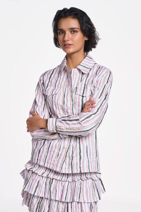 Terra Luna Multi Color 100% Organic Handloom Cotton Stripe Shirt Collar Alya Patterned Online at Aza Fashions Terra Luna_Multi Color 100% Organic Handloom Cotton Stripe Shirt Collar Alya Patterned _Online_at_Aza_Fashions