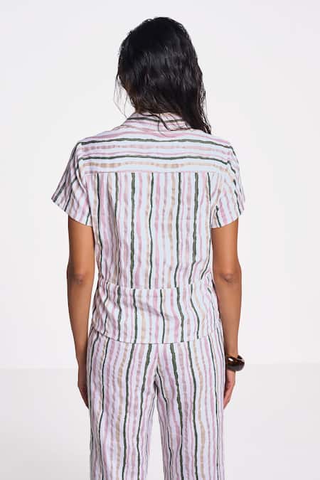Shop Terra Luna Multi Color 100% Organic Handloom Cotton Stripe Shirt Collar Danica Pattern at Aza Fashions Shop_Terra Luna_Multi Color 100% Organic Handloom Cotton Stripe Shirt Collar Danica Pattern _at_Aza_Fashions