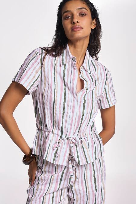 Buy Terra Luna Multi Color 100% Organic Handloom Cotton Stripe Shirt Collar Danica Pattern Online at Aza Fashions Buy_Terra Luna_Multi Color 100% Organic Handloom Cotton Stripe Shirt Collar Danica Pattern _Online_at_Aza_Fashions
