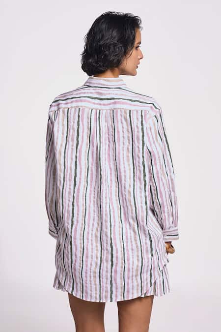 Shop Terra Luna Multi Color 100% Organic Handloom Cotton Stripe Shirt Collar Leda Patterned at Aza Fashions Shop_Terra Luna_Multi Color 100% Organic Handloom Cotton Stripe Shirt Collar Leda Patterned _at_Aza_Fashions