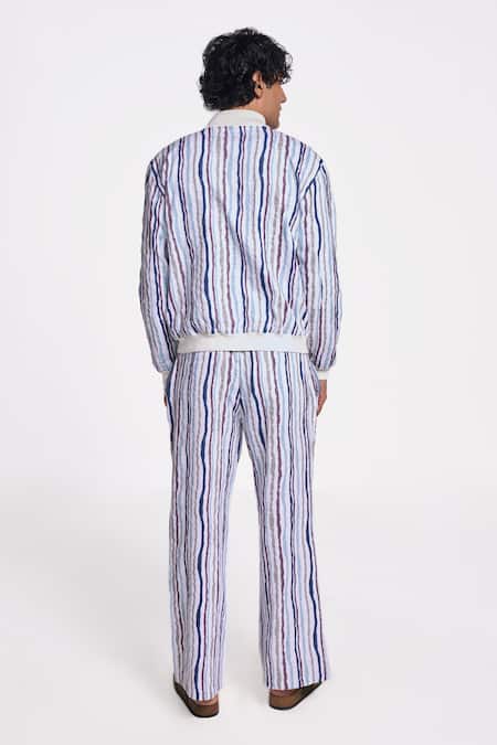 Shop Terra Luna Multi Color Handloom Cotton Striped Constellation Bomber Jacket at Aza Fashions Shop_Terra Luna_Multi Color Handloom Cotton Striped Constellation Bomber Jacket _at_Aza_Fashions