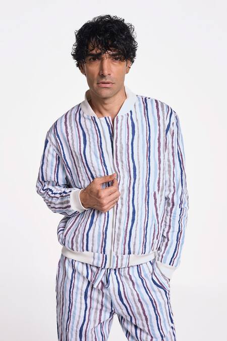 Shop Terra Luna Multi Color Handloom Cotton Striped Constellation Bomber Jacket Online at Aza Fashions Shop_Terra Luna_Multi Color Handloom Cotton Striped Constellation Bomber Jacket _Online_at_Aza_Fashions