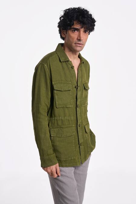 Terra Luna_Green Linen Felis Flap Pocket Shirt _Online_at_Aza_Fashions