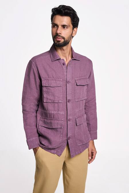 Terra Luna Purple Linen Twill Felis Button Down Flap Pocket Shirt Online at Aza Fashions Terra Luna_Purple Linen Twill Felis Button Down Flap Pocket Shirt _Online_at_Aza_Fashions