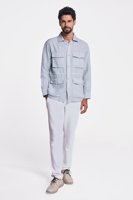 Terra Luna Blue Linen Twill Felis Flap Pocket Shirt 