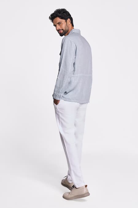 Shop Terra Luna Blue Linen, Twill Felis Flap Pocket Shirt at Aza Fashions Shop_Terra Luna_Blue Linen, Twill Felis Flap Pocket Shirt _at_Aza_Fashions