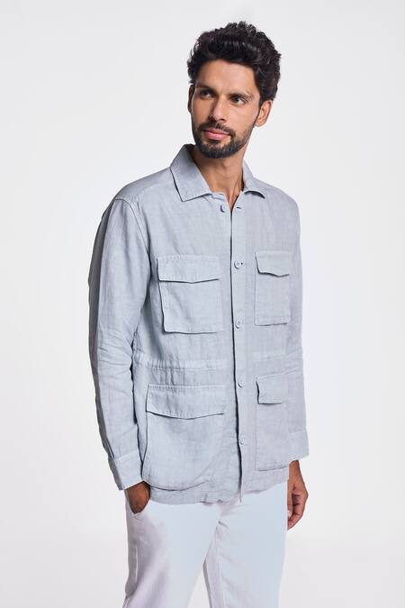 Terra Luna Blue Linen, Twill Felis Flap Pocket Shirt Online at Aza Fashions Terra Luna_Blue Linen, Twill Felis Flap Pocket Shirt _Online_at_Aza_Fashions