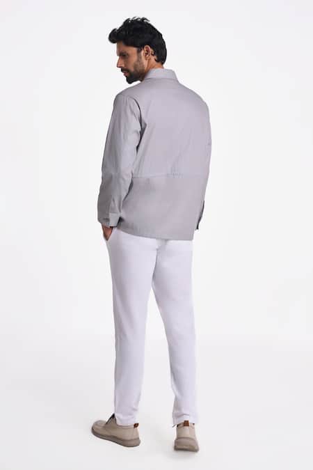 Shop Terra Luna Silver Handloom Cotton Felis Linen Twill Button Down Shirt at Aza Fashions Shop_Terra Luna_Silver Handloom Cotton Felis Linen Twill Button Down Shirt _at_Aza_Fashions