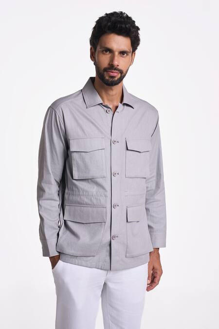Terra Luna Silver Handloom Cotton Felis Linen Twill Button Down Shirt Online at Aza Fashions Terra Luna_Silver Handloom Cotton Felis Linen Twill Button Down Shirt _Online_at_Aza_Fashions