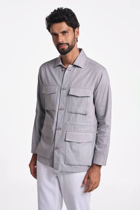 Buy Terra Luna Silver Handloom Cotton Felis Linen Twill Button Down Shirt Online at Aza Fashions Buy_Terra Luna_Silver Handloom Cotton Felis Linen Twill Button Down Shirt _Online_at_Aza_Fashions