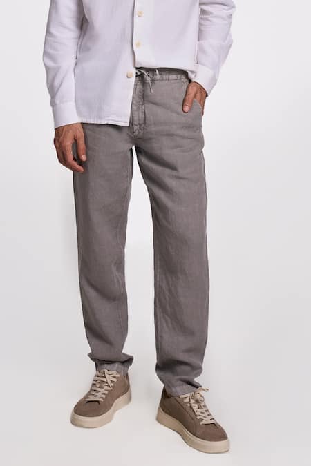 Shop Terra Luna Grey Linen Twill Crux Handloom Cotton Pant at Aza Fashions Shop_Terra Luna_Grey Linen Twill Crux Handloom Cotton Pant _at_Aza_Fashions