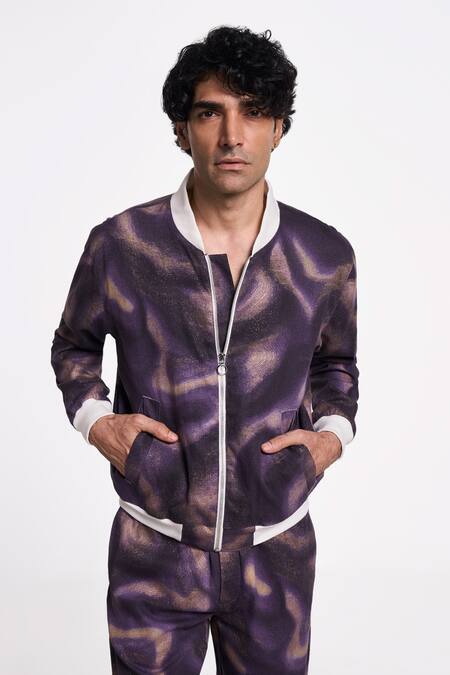Terra Luna Blue Handloom Cotton Milky Way Berghain Pattern Bomber Jacket Online at Aza Fashions Terra Luna_Blue Handloom Cotton Milky Way Berghain Pattern Bomber Jacket _Online_at_Aza_Fashions